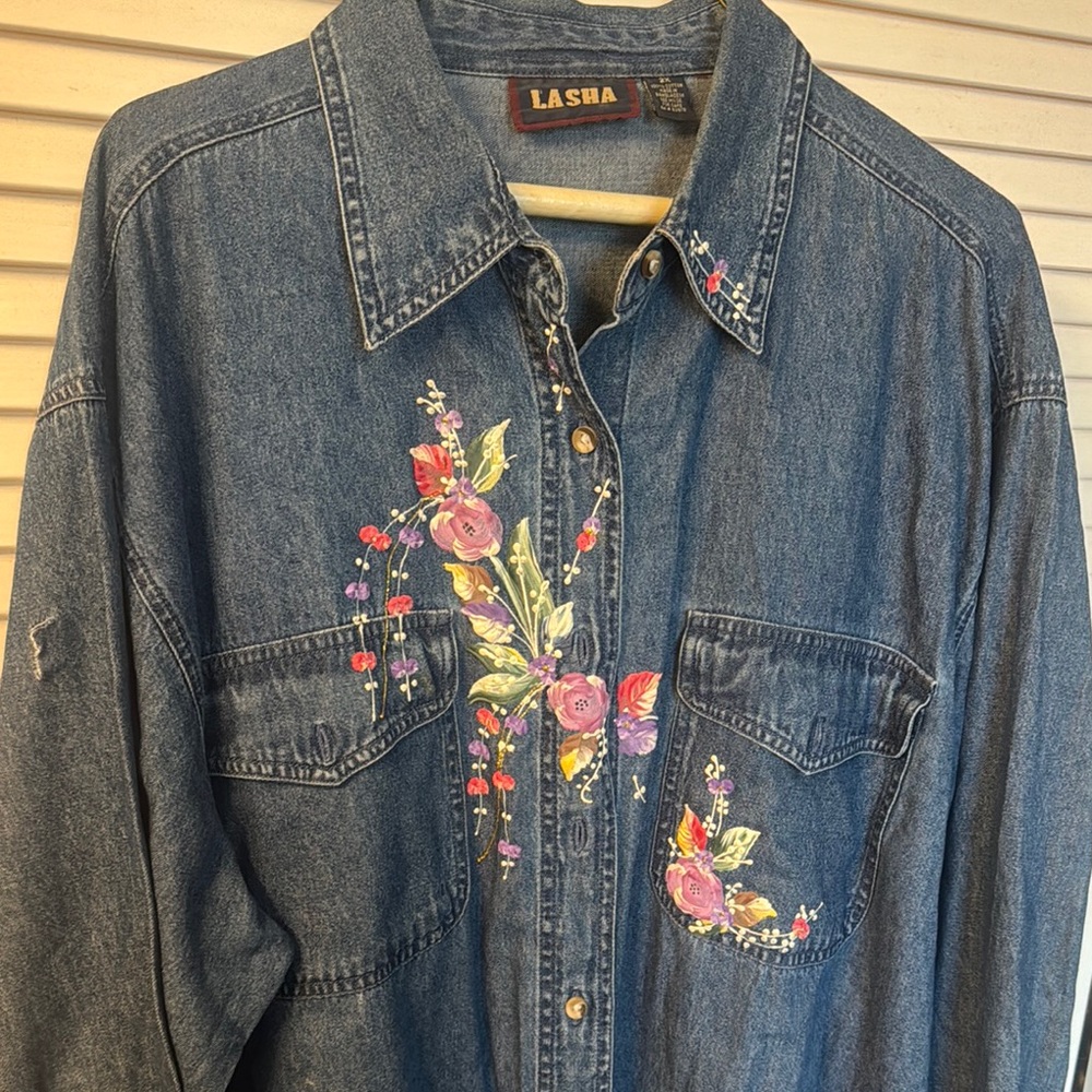 Embroidered Denim Shirt with Floral Design